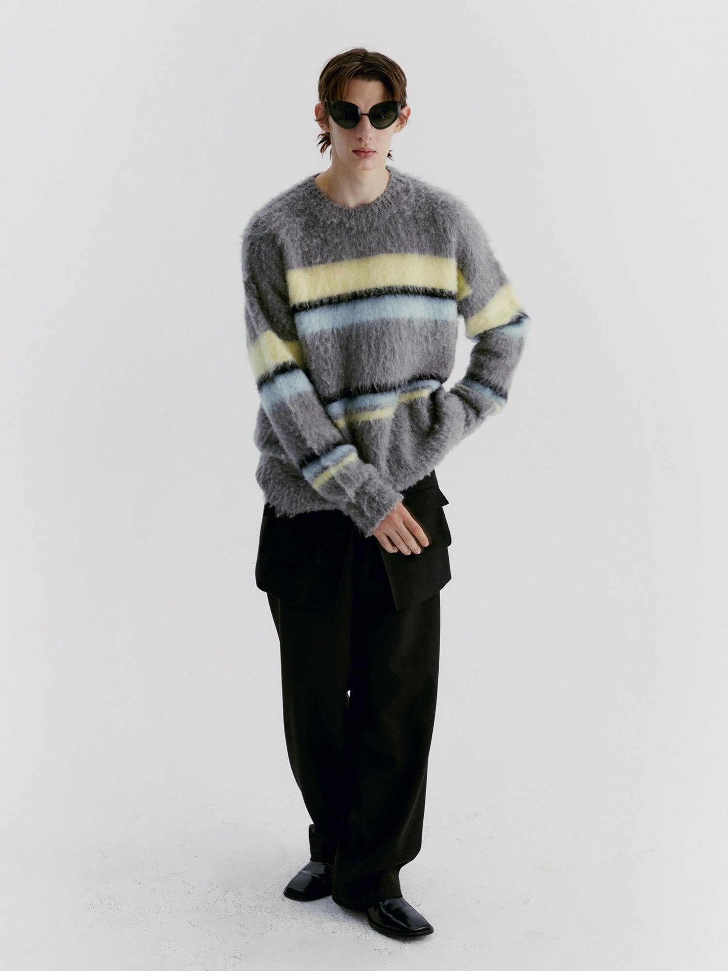 Delivery Gray Yellow Blue Striped Crewneck Brushed Mohair Women&