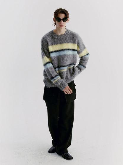 Delivery Gray Yellow Blue Striped Crewneck Brushed Mohair Women&