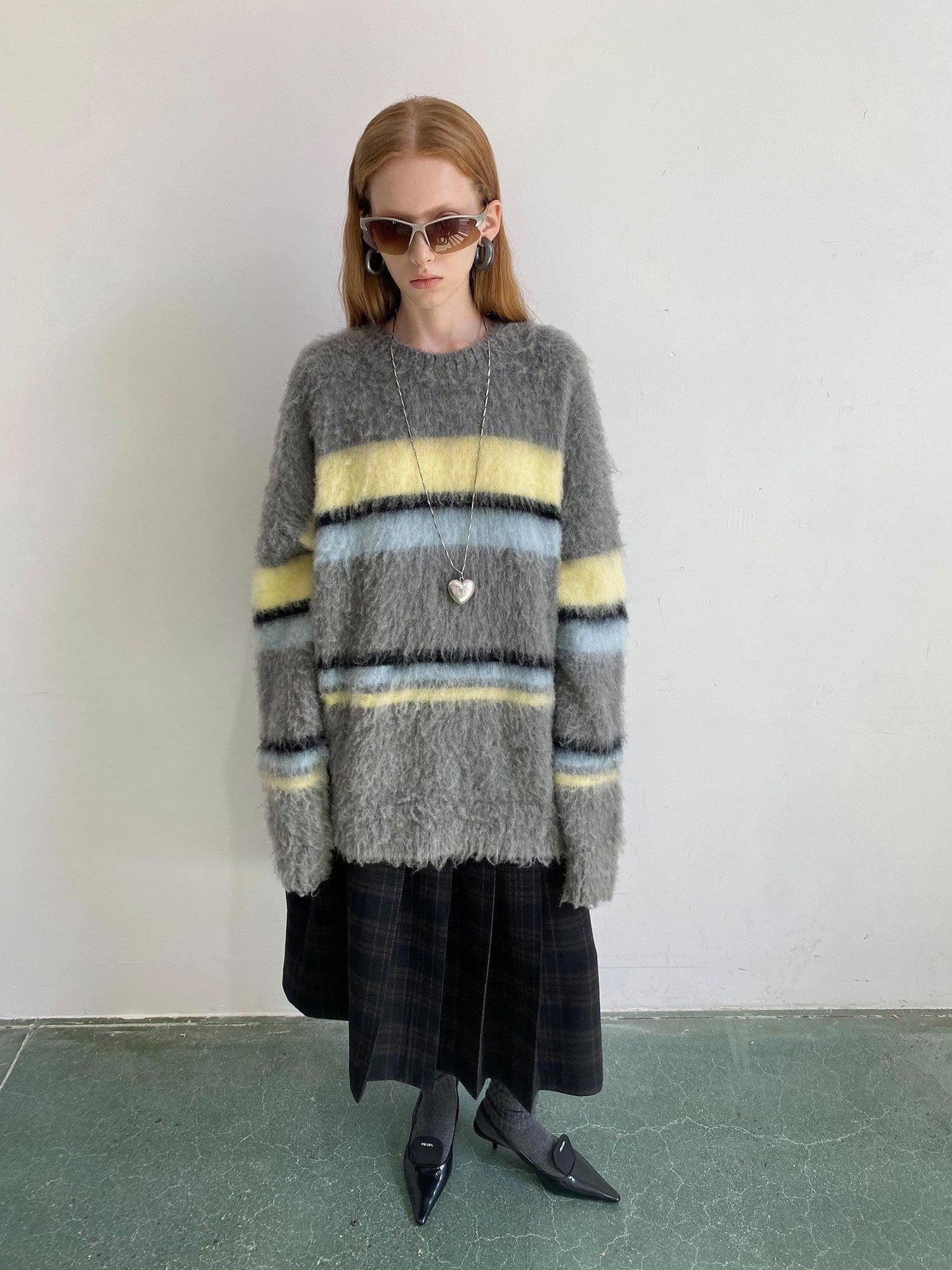 Delivery Gray Yellow Blue Striped Crewneck Brushed Mohair Women&