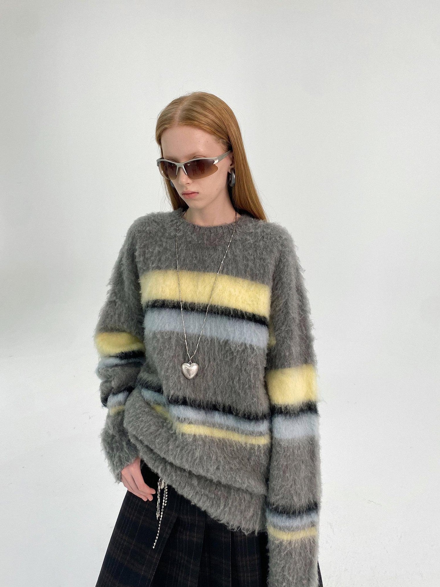 Delivery Gray Yellow Blue Striped Crewneck Brushed Mohair Women&