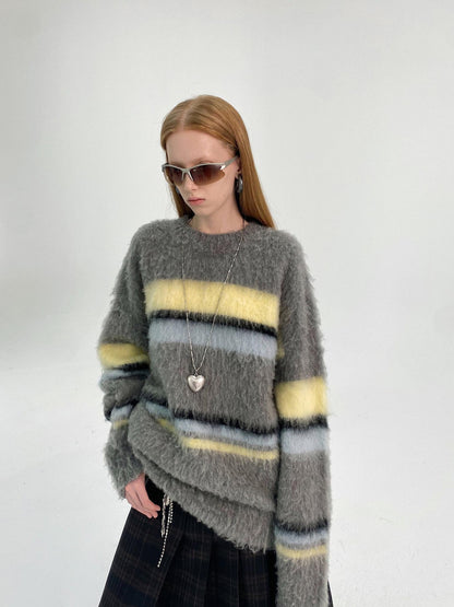 Delivery Gray Yellow Blue Striped Crewneck Brushed Mohair Women&