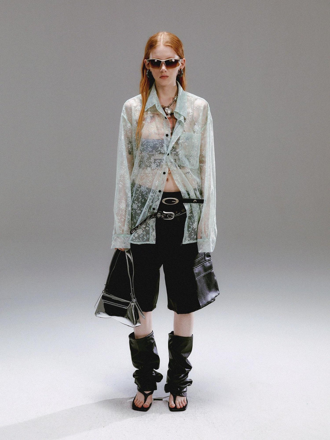 Delivery Green Floral Silver Thread Point Collar Sheer Loose Women&