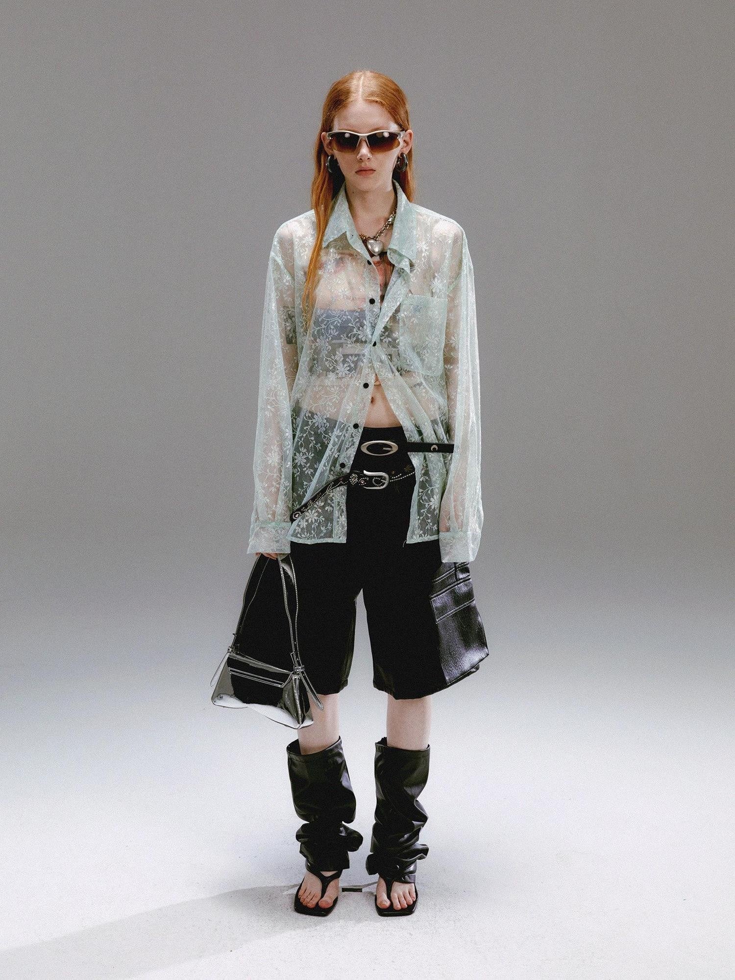 Delivery Green Floral Silver Thread Point Collar Sheer Loose Women&