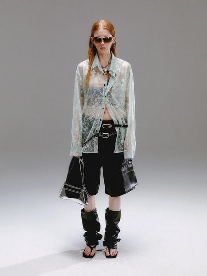 Delivery Green Floral Silver Thread Point Collar Sheer Loose Women&