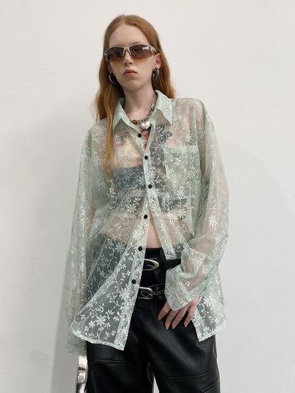 Delivery Green Floral Silver Thread Point Collar Sheer Loose Women&