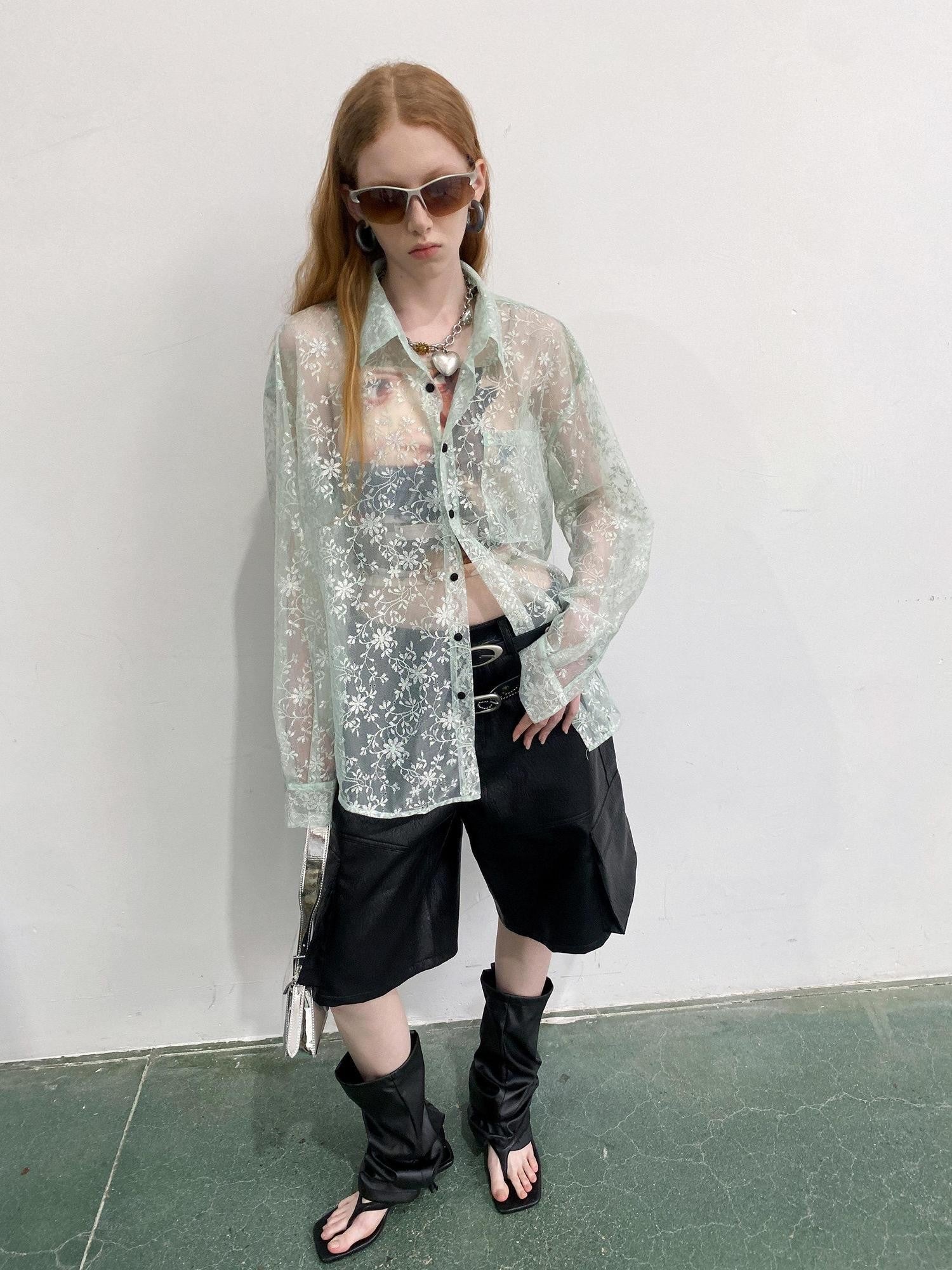 Delivery Green Floral Silver Thread Point Collar Sheer Loose Women&