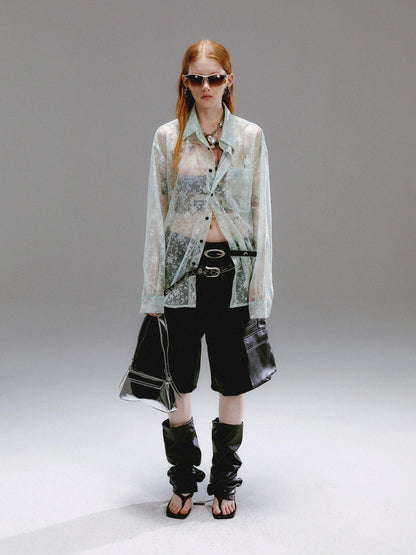 Delivery Green Floral Silver Thread Point Collar Sheer Loose Women&