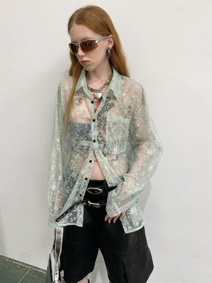 Delivery Green Floral Silver Thread Point Collar Sheer Loose Women&
