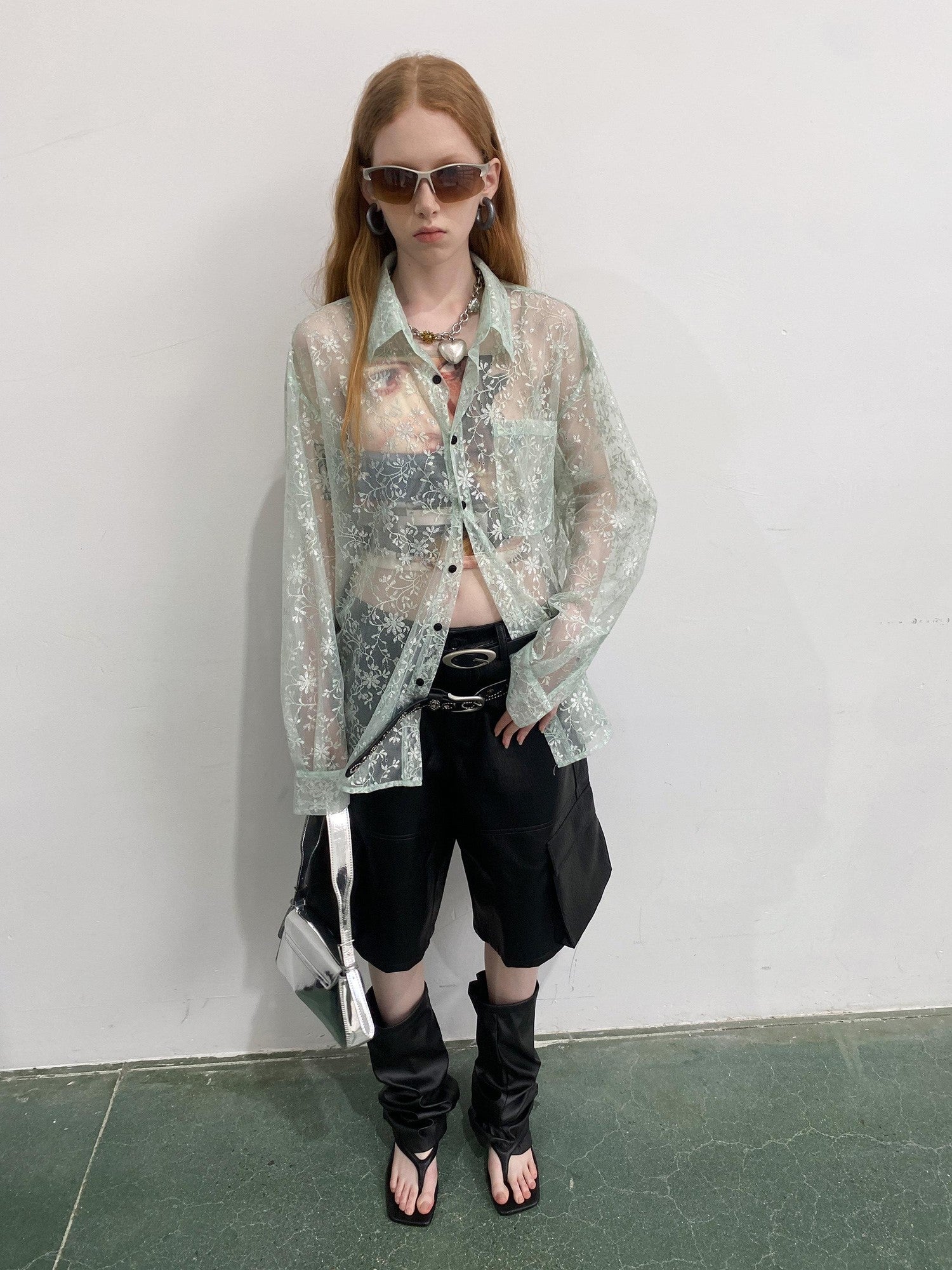 Delivery Green Floral Silver Thread Point Collar Sheer Loose Women&