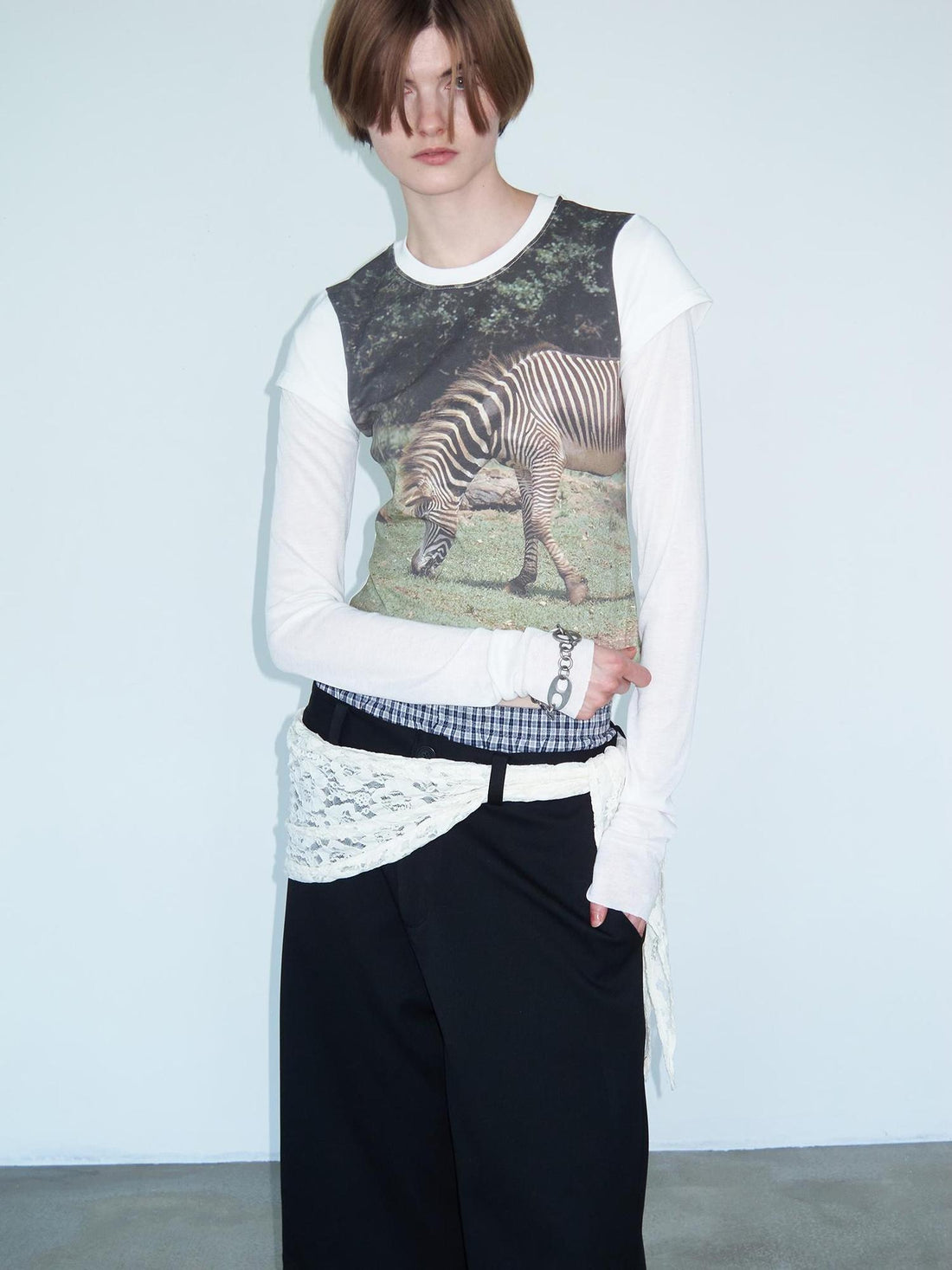 Delivery Green Zebra Nature Print Fitted V-neck T-shirt Long Sleeve