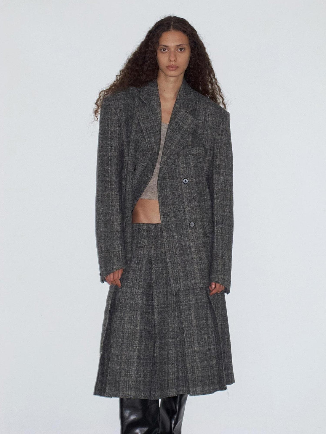 Delivery Grey Plaid Blazer And Box Pleat Skirt Women&