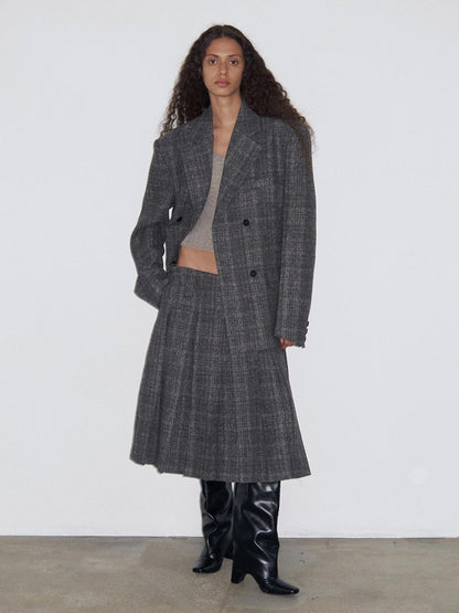 Delivery Grey Plaid Blazer And Box Pleat Skirt Women&