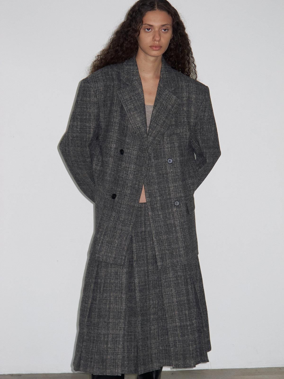 Delivery Grey Plaid Blazer And Box Pleat Skirt Women&