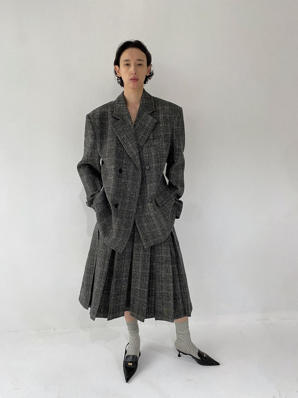 Delivery Grey Plaid Blazer And Box Pleat Skirt Women&