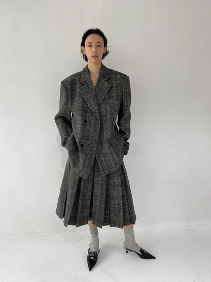 Delivery Grey Plaid Blazer And Box Pleat Skirt Women&