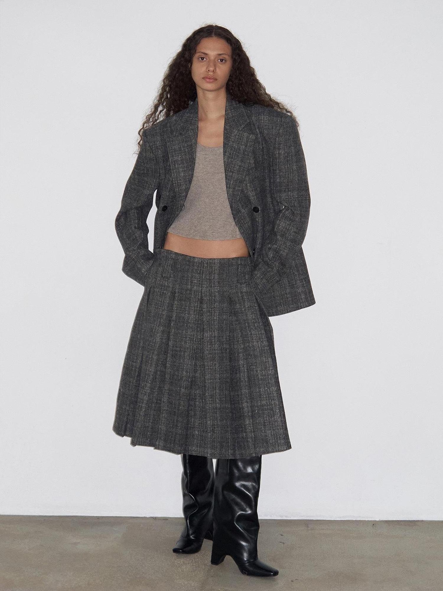 Delivery Grey Plaid Blazer And Box Pleat Skirt Women&