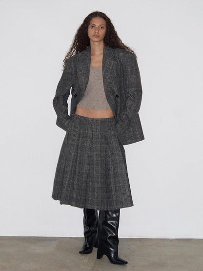 Delivery Grey Plaid Blazer And Box Pleat Skirt Women&