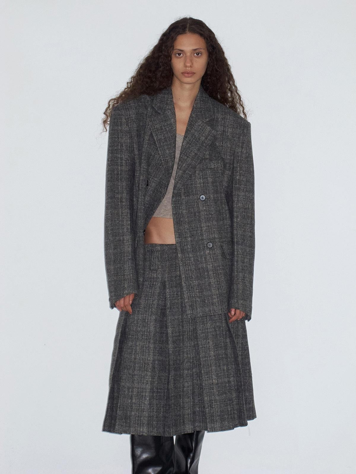 Delivery Grey Plaid Blazer And Box Pleat Skirt Women&