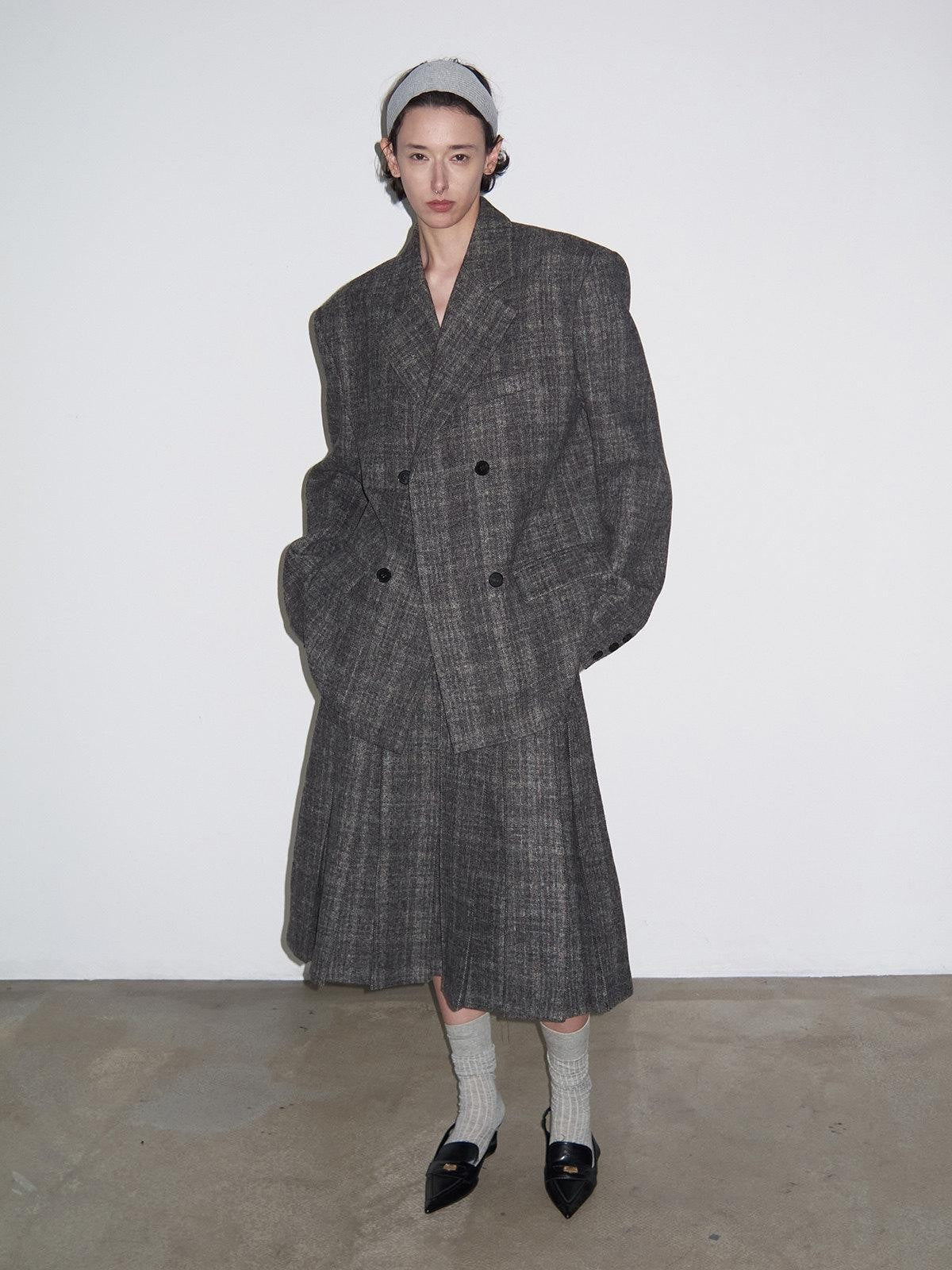 Delivery Grey Plaid Blazer And Box Pleat Skirt Women&