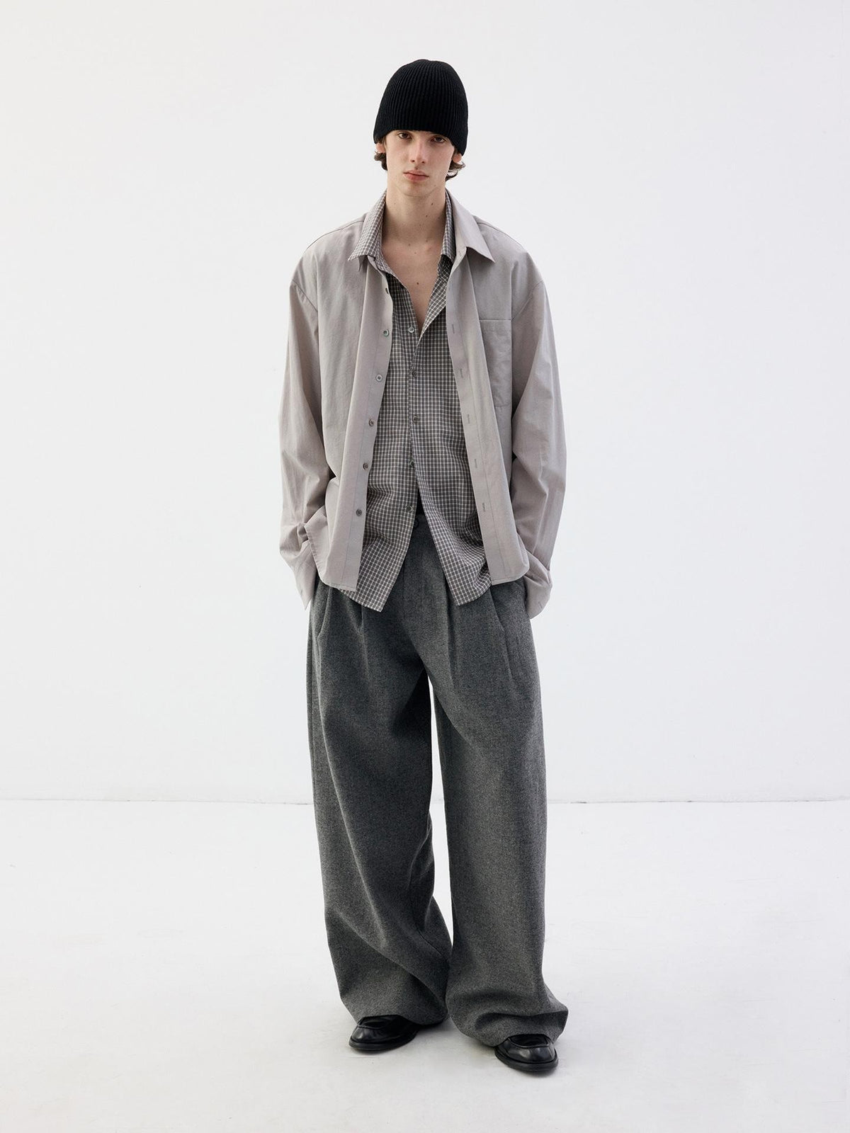 Delivery Grey Plaid Deconstructed Fake Two Piece Collared Cotton Women&