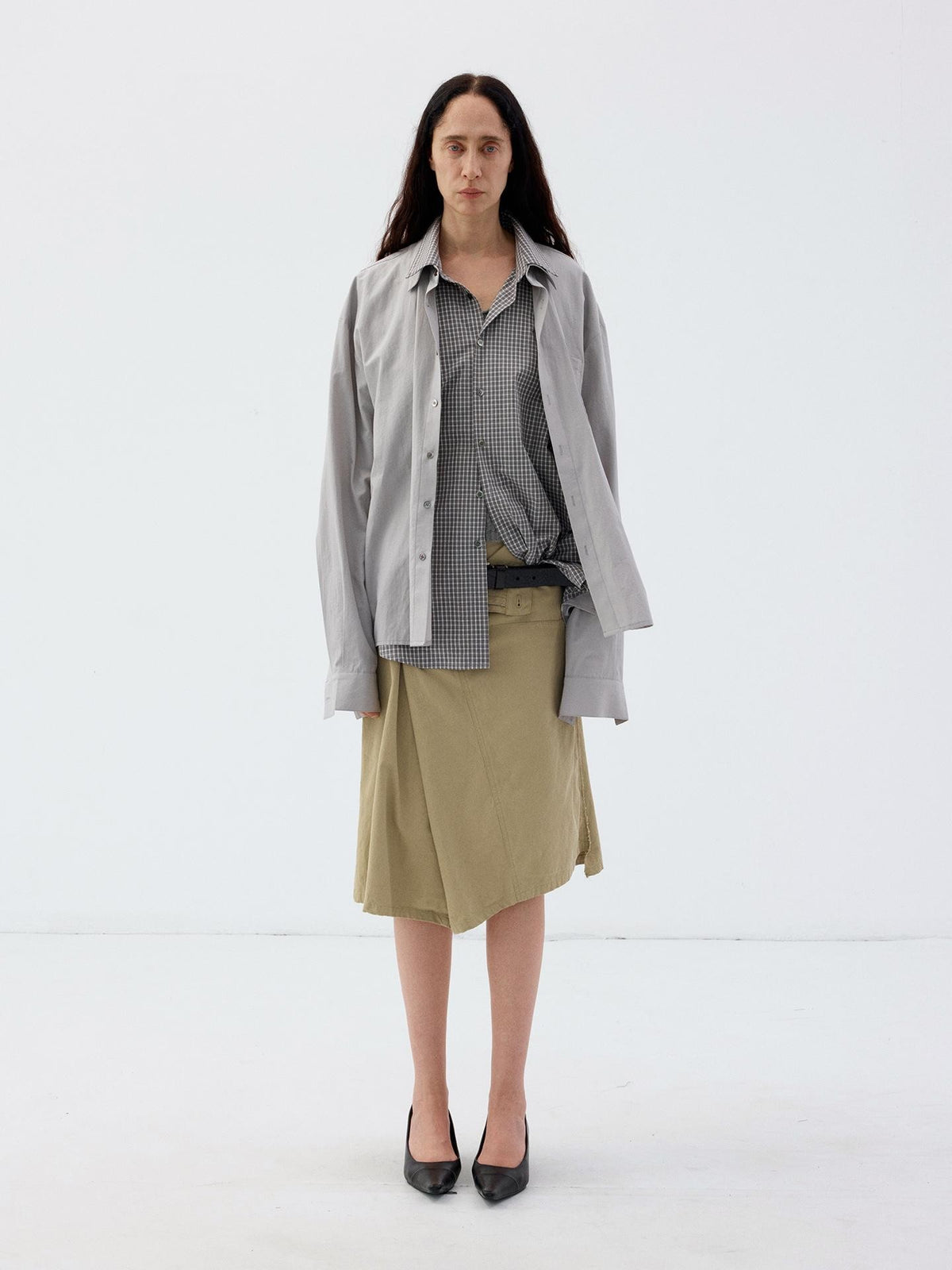 Delivery Grey Plaid Deconstructed Fake Two Piece Collared Cotton Women&