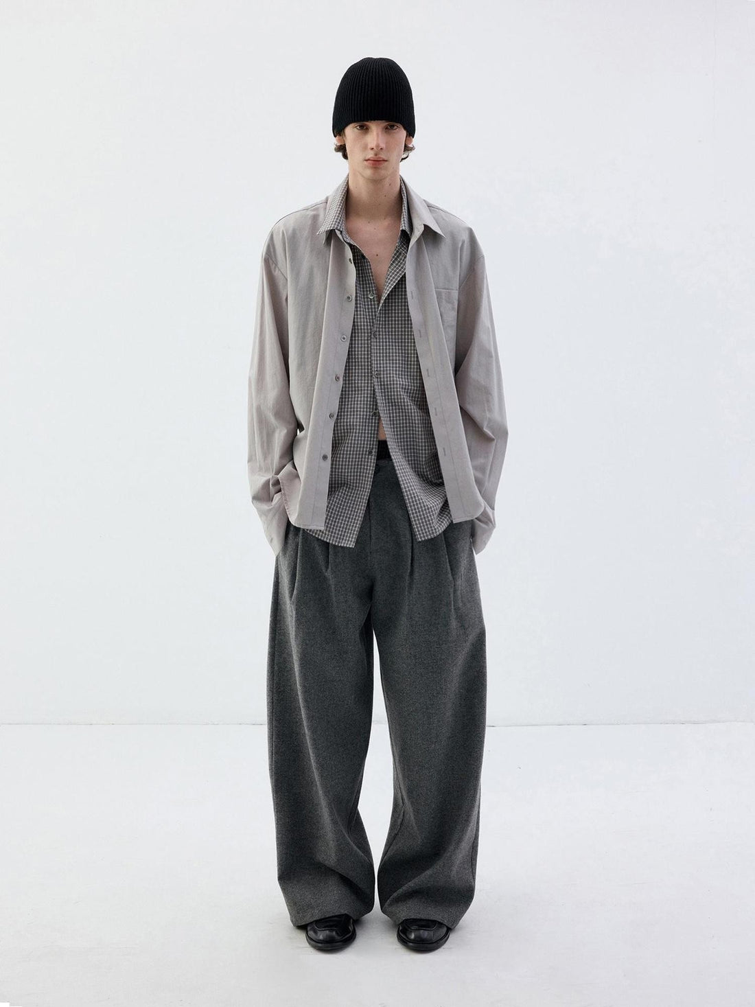 Delivery Grey Plaid Deconstructed Fake Two Piece Collared Cotton Women&