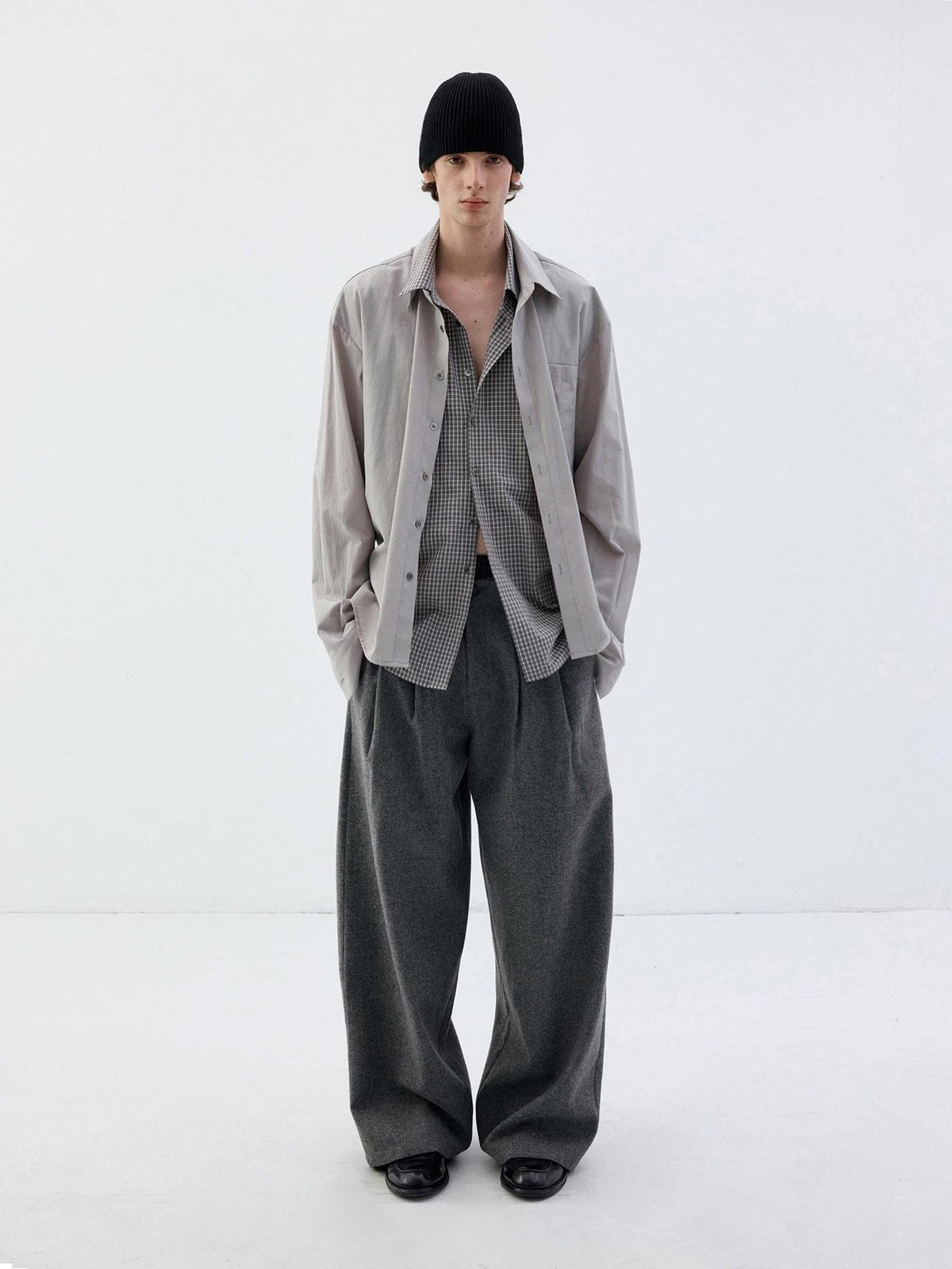 Delivery Grey Plaid Deconstructed Fake Two Piece Collared Cotton Women&