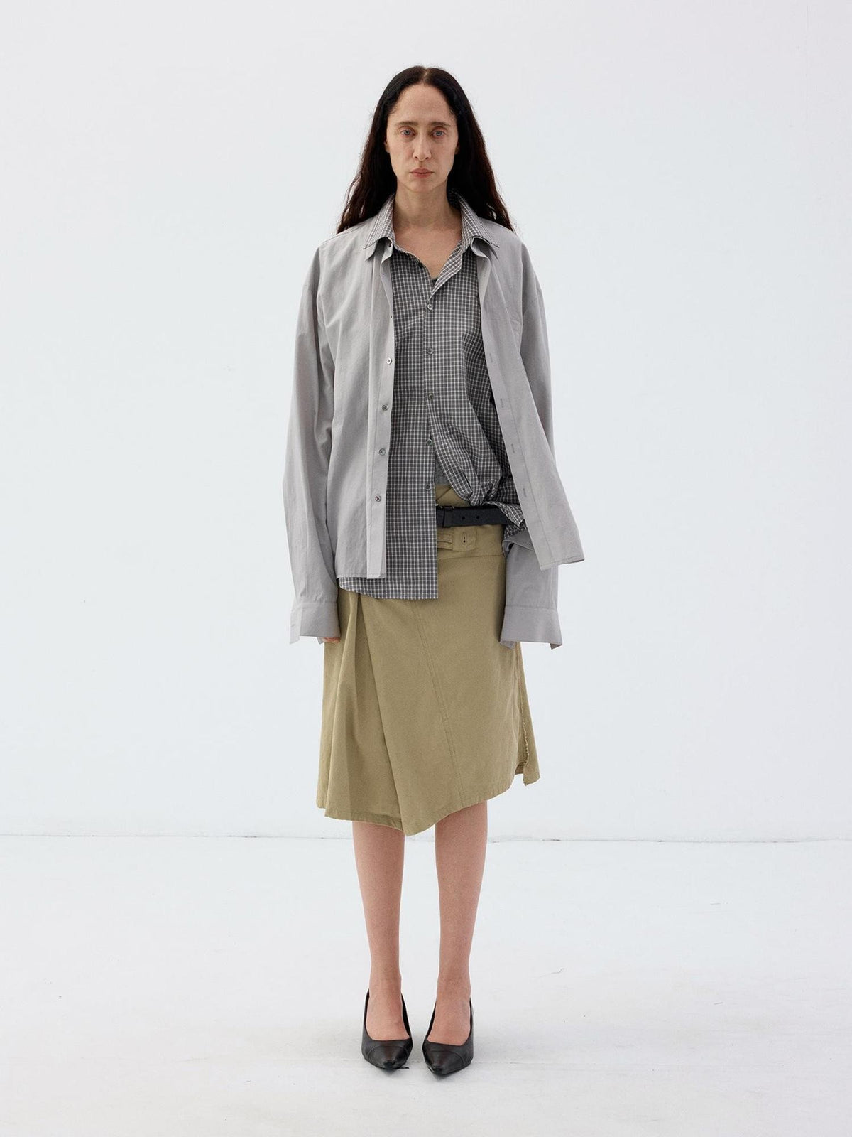 Delivery Grey Plaid Deconstructed Fake Two Piece Collared Cotton Women&