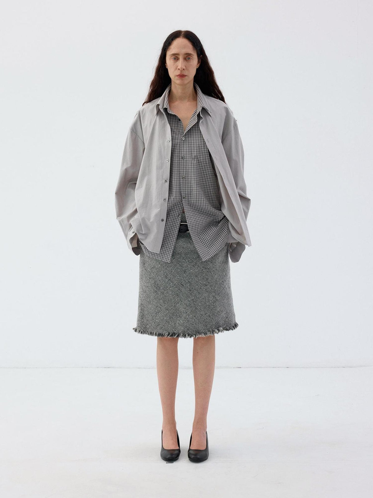 Delivery Grey Plaid Deconstructed Fake Two Piece Collared Cotton Women&