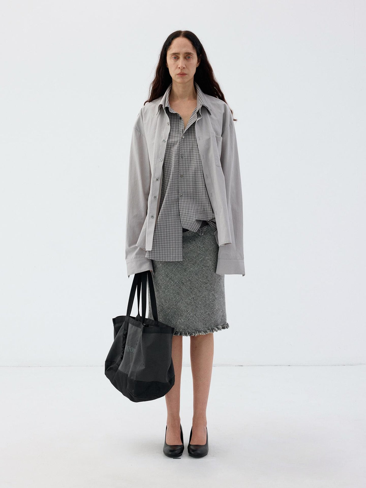 Delivery Grey Plaid Deconstructed Fake Two Piece Collared Cotton Women&