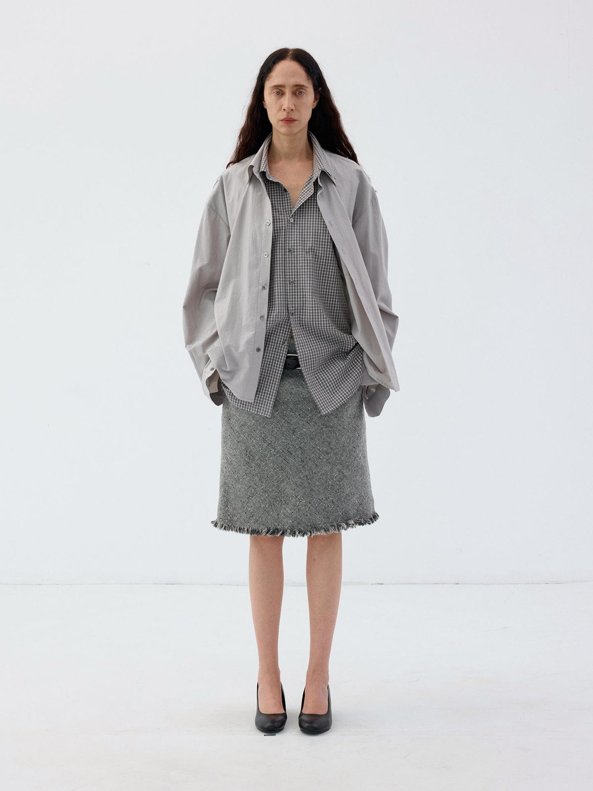 Delivery Grey Plaid Deconstructed Fake Two Piece Collared Cotton Women&