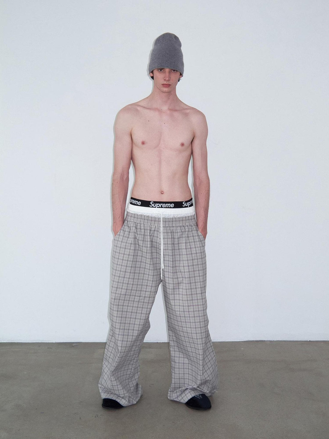 Delivery Grey Plaid Patchwork Double Waist Drawstring Women&