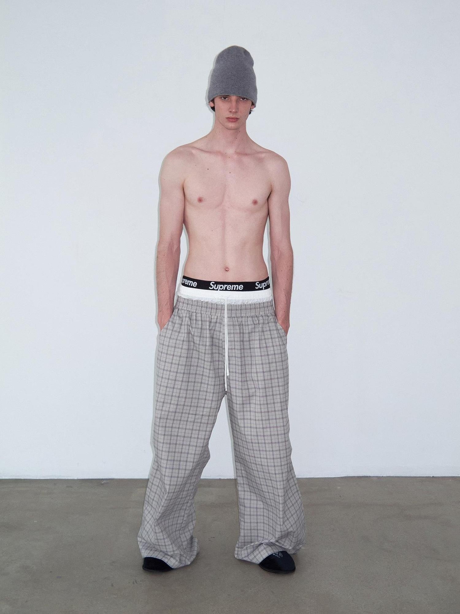 Delivery Grey Plaid Patchwork Double Waist Drawstring Women&