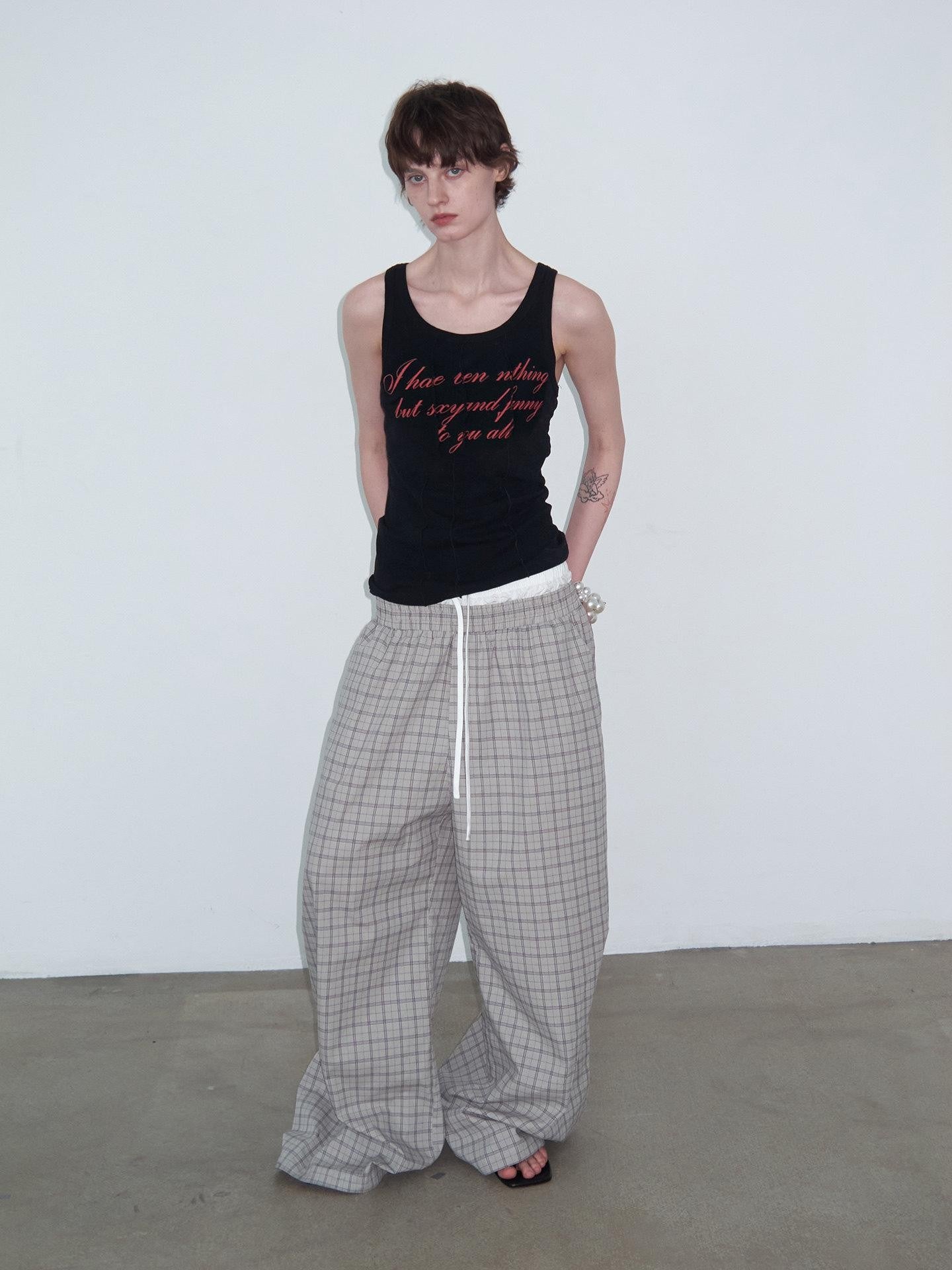 Delivery Grey Plaid Patchwork Double Waist Drawstring Women&