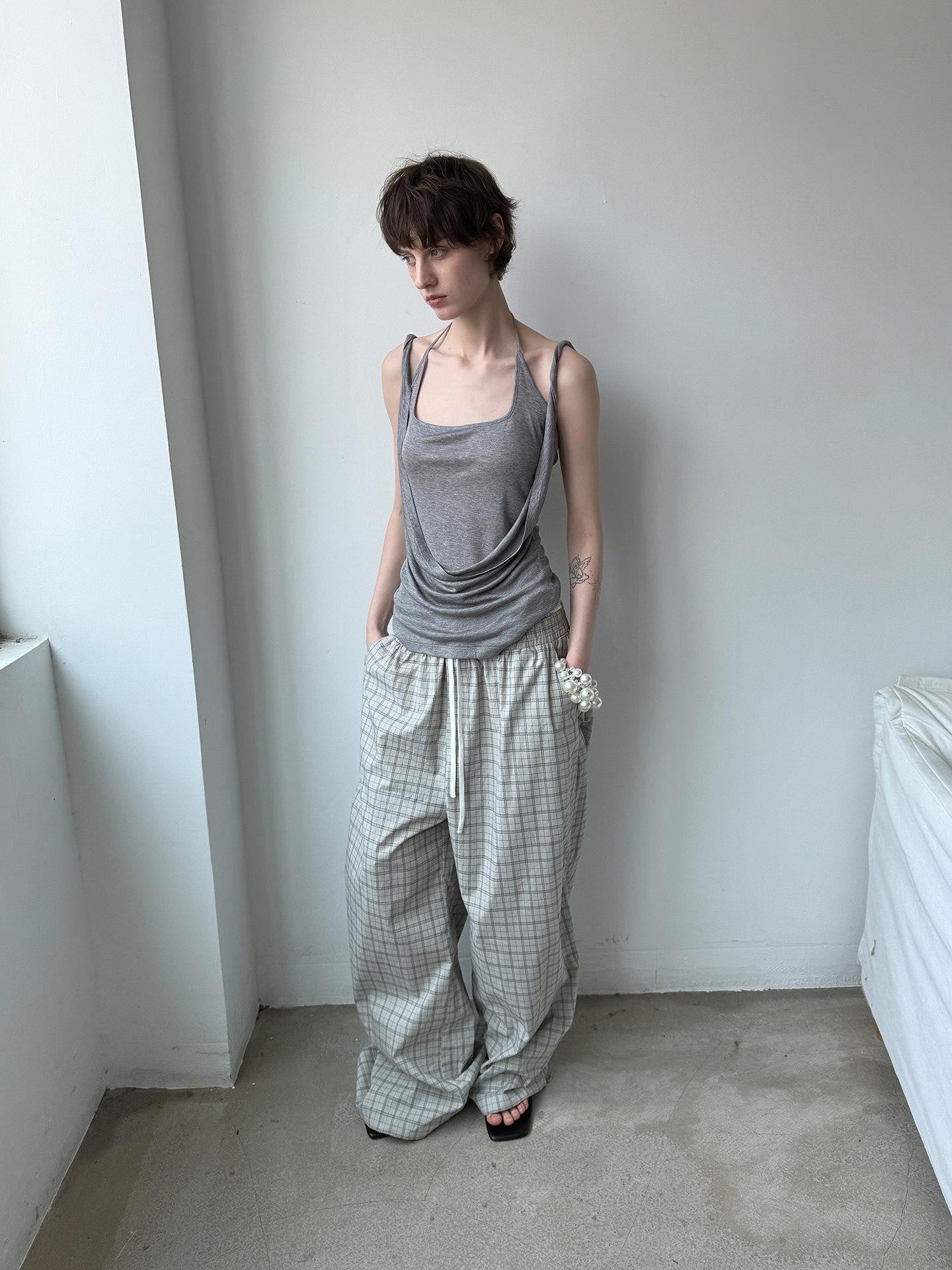 Delivery Grey Plaid Patchwork Double Waist Drawstring Women&