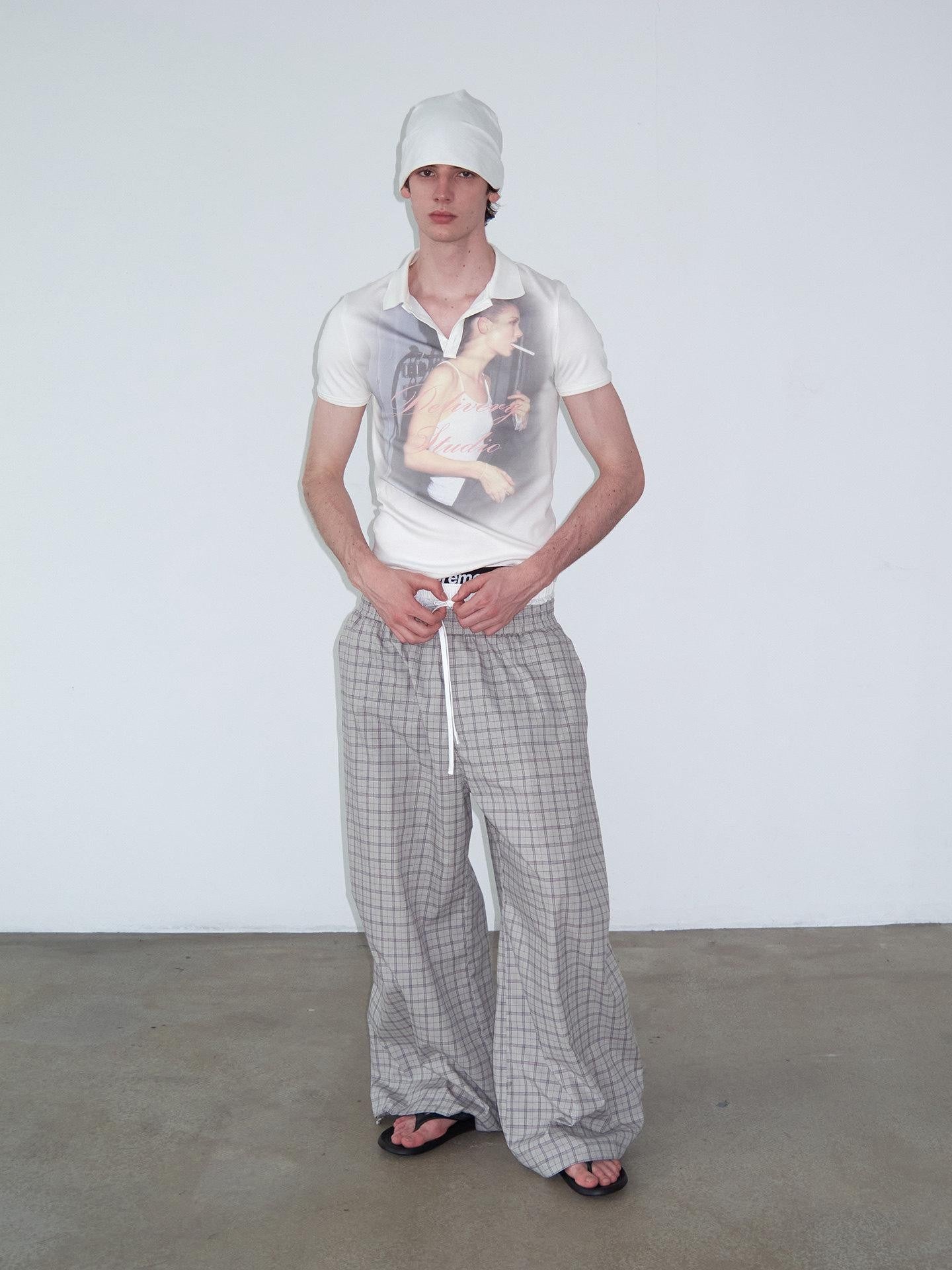 Delivery Grey Plaid Patchwork Double Waist Drawstring Women&