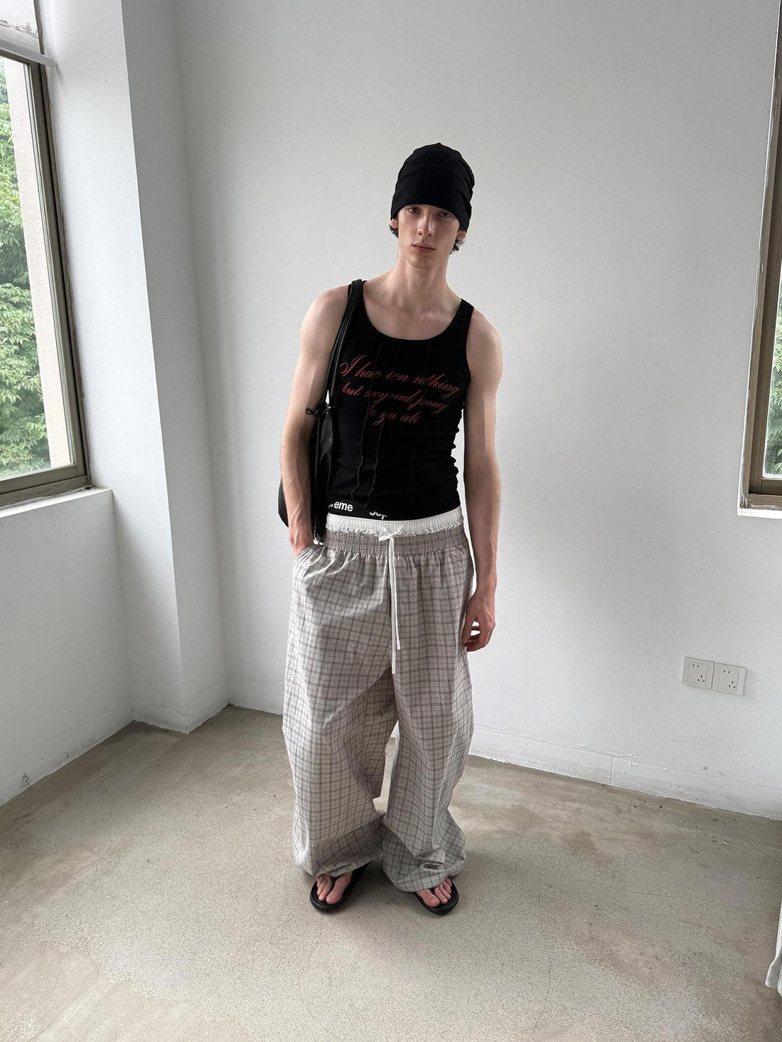 Delivery Grey Plaid Patchwork Double Waist Drawstring Women&