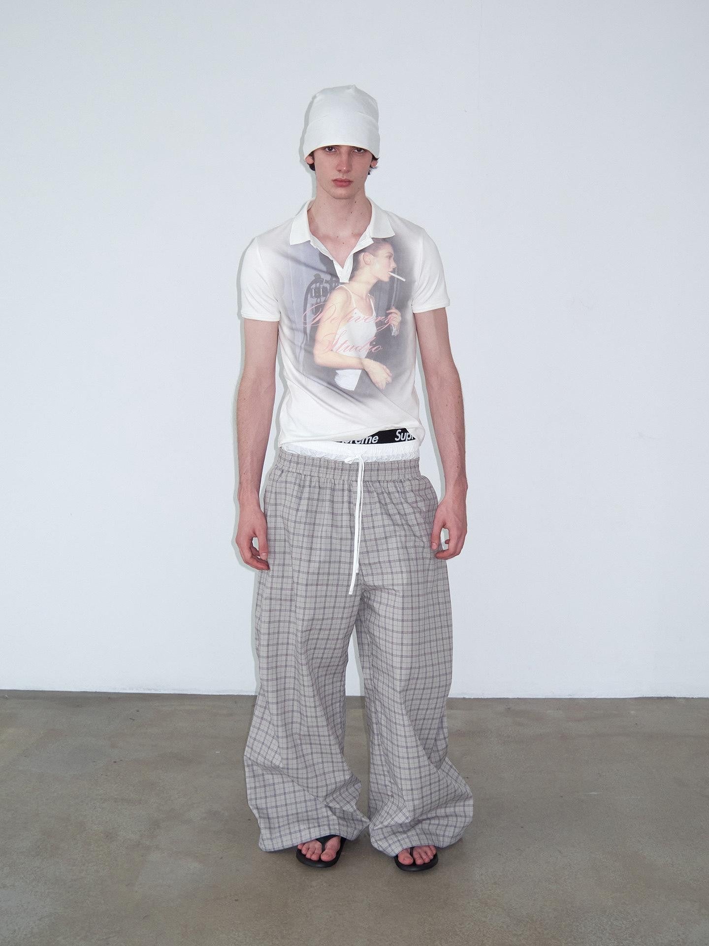 Delivery Grey Plaid Patchwork Double Waist Drawstring Women&