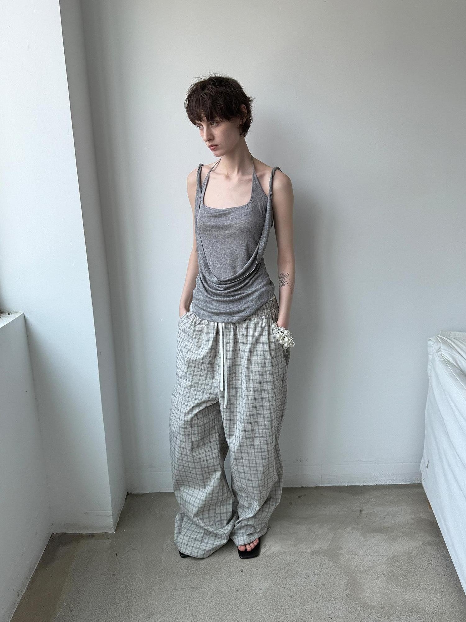 Delivery Grey Plaid Patchwork Double Waist Drawstring Women&