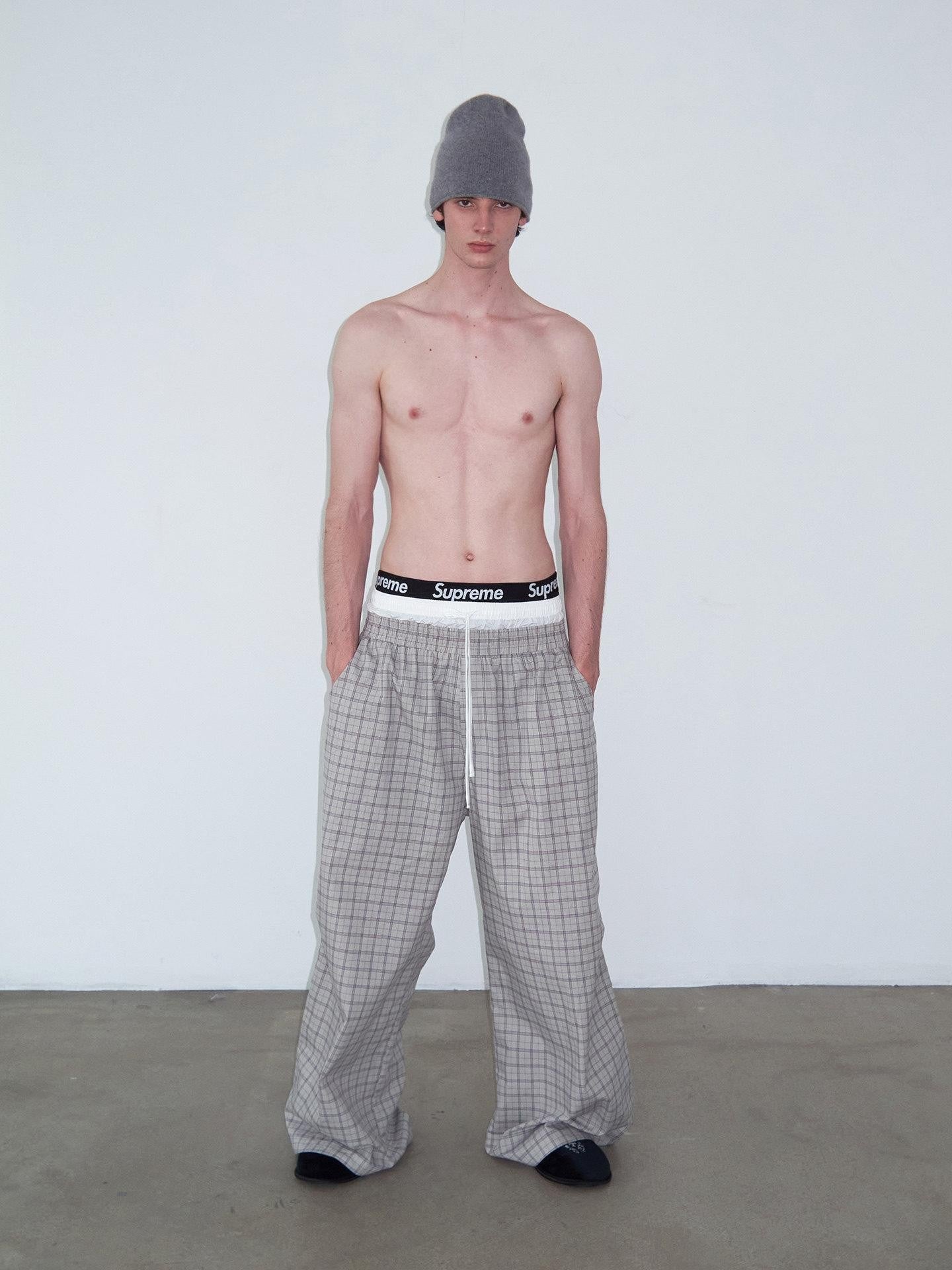 Delivery Grey Plaid Patchwork Double Waist Drawstring Women&