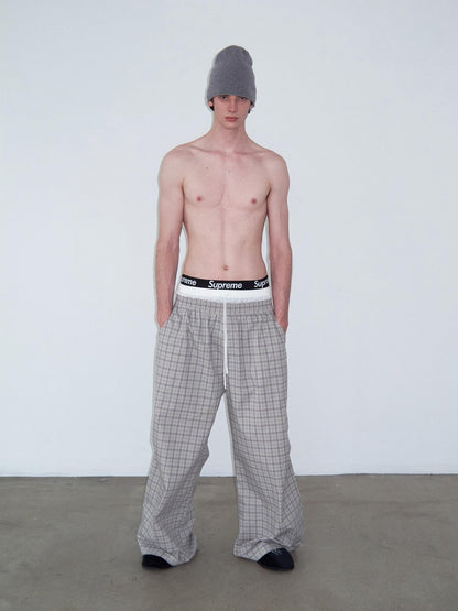 Delivery Grey Plaid Patchwork Double Waist Drawstring Women&