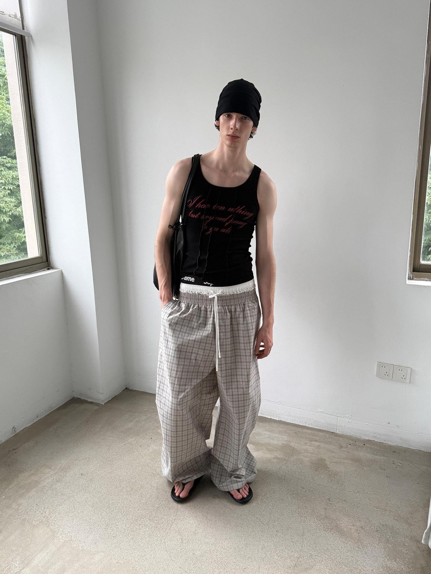 Delivery Grey Plaid Patchwork Double Waist Drawstring Women&