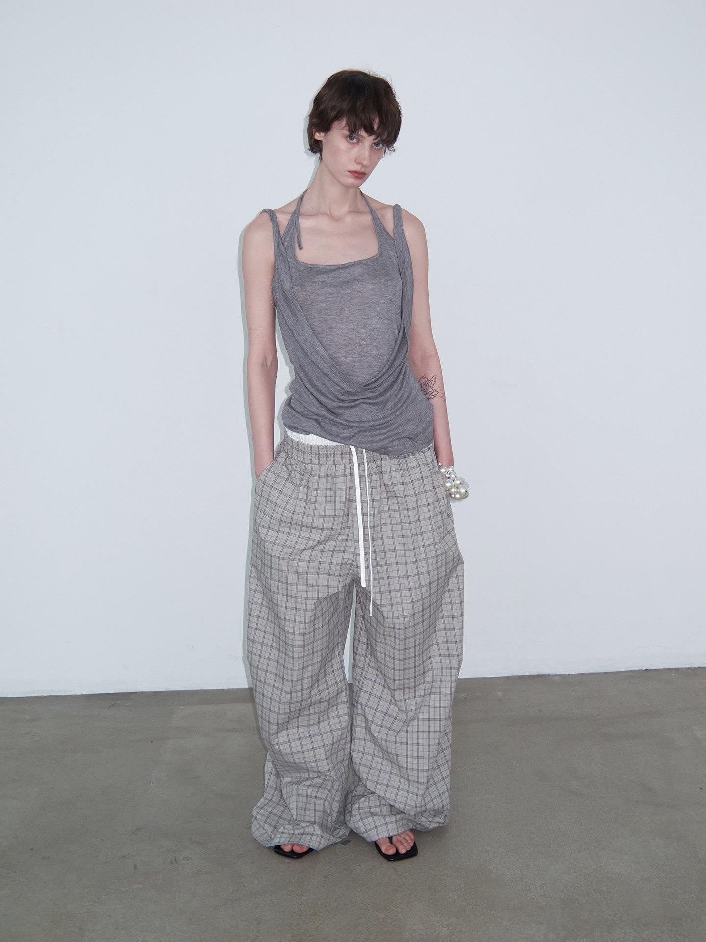 Delivery Grey Plaid Patchwork Double Waist Drawstring Women&