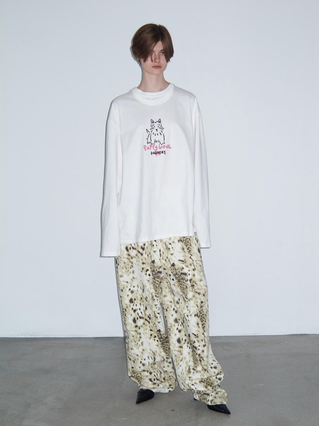 Delivery Hand Drawn Westie Print Layered Neckline White Long Sleeve Tee