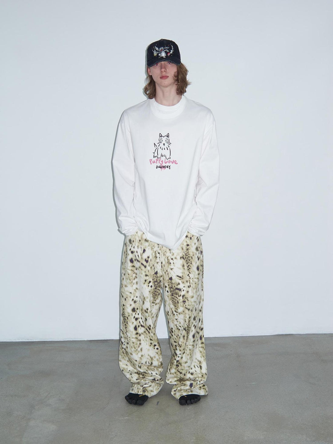 Delivery Hand Drawn Westie Print Layered Neckline White Long Sleeve Tee