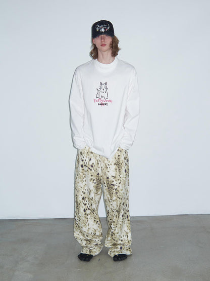 Delivery Hand Drawn Westie Print Layered Neckline White Long Sleeve Tee
