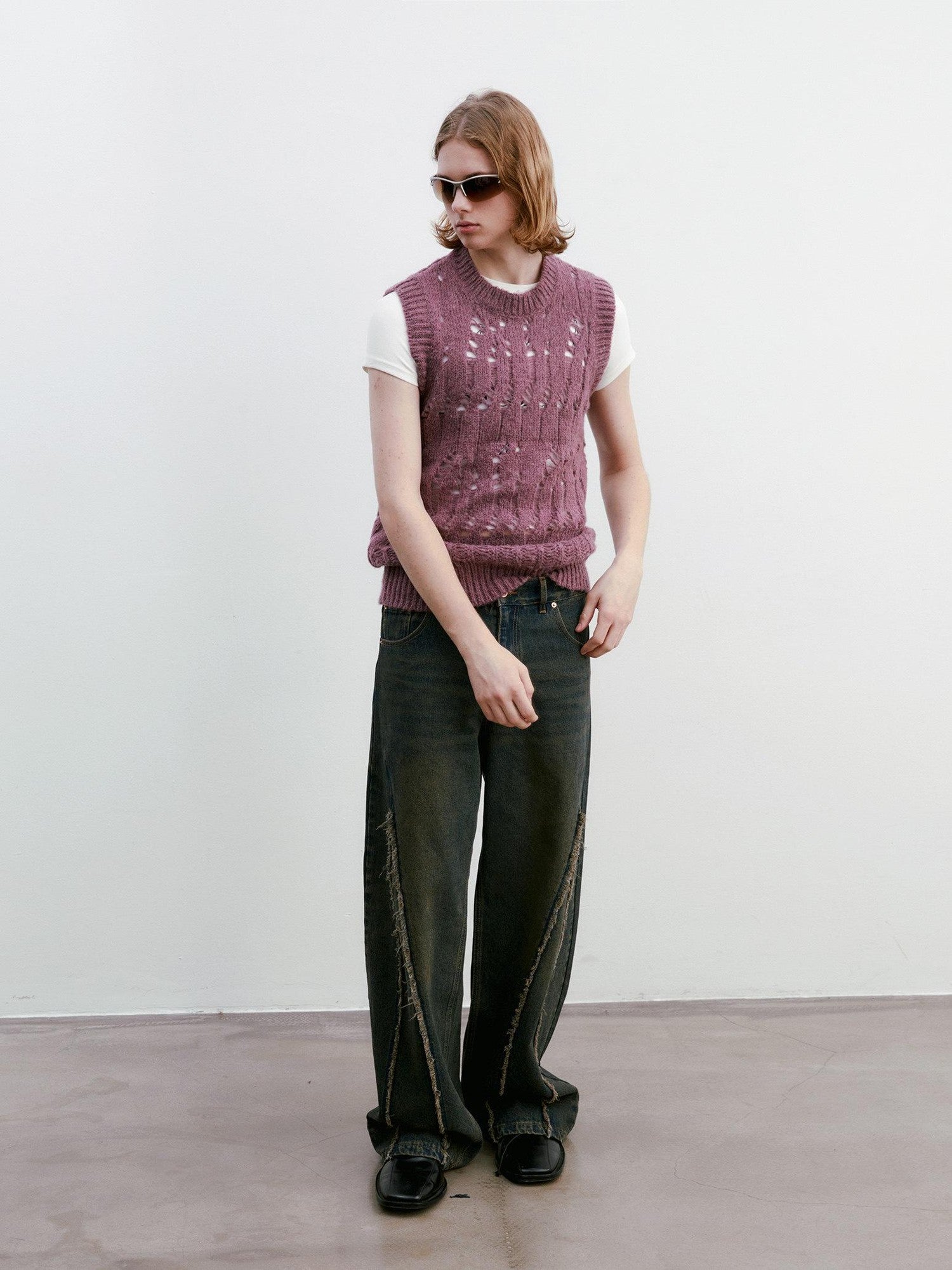 Delivery Heather Purple Openwork Cable Crew Neck Women&
