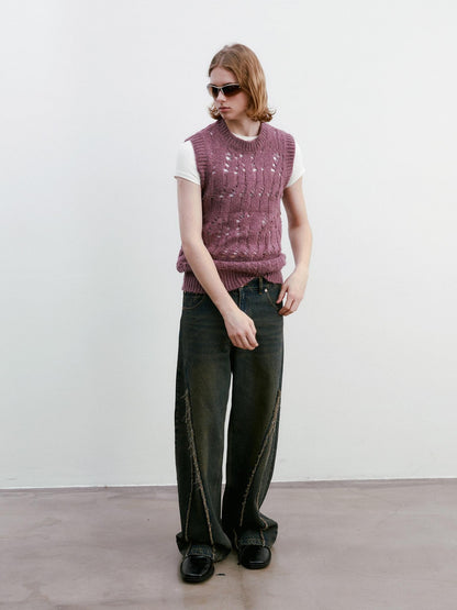 Delivery Heather Purple Openwork Cable Crew Neck Women&