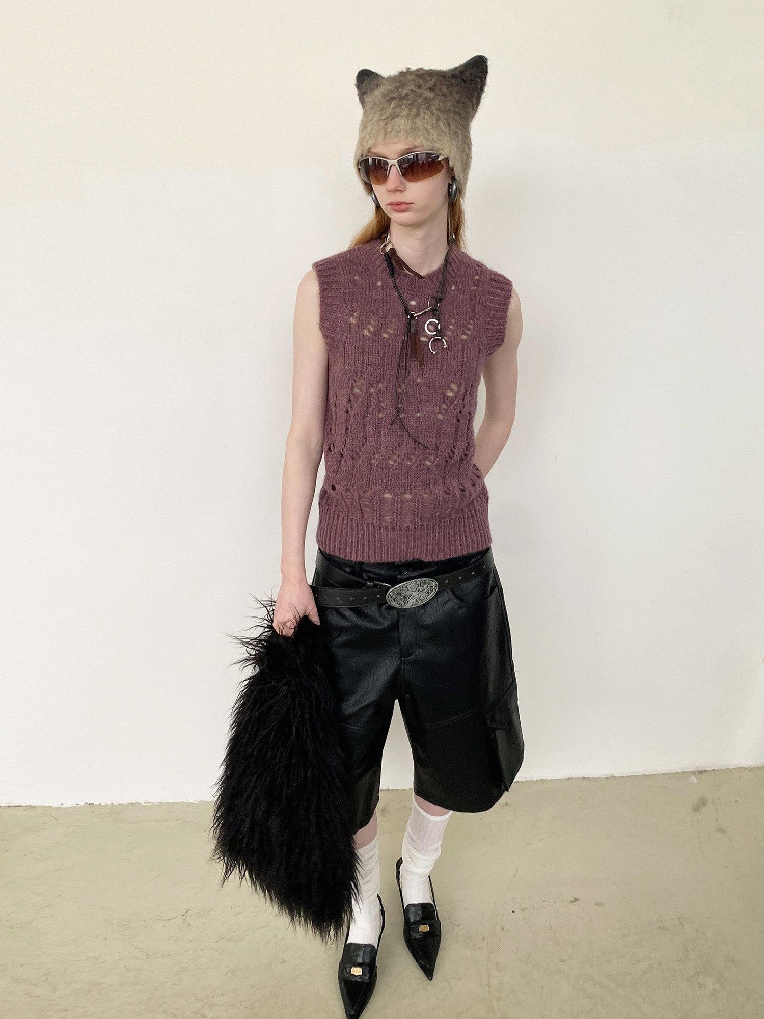 Delivery Heather Purple Openwork Cable Crew Neck Women&