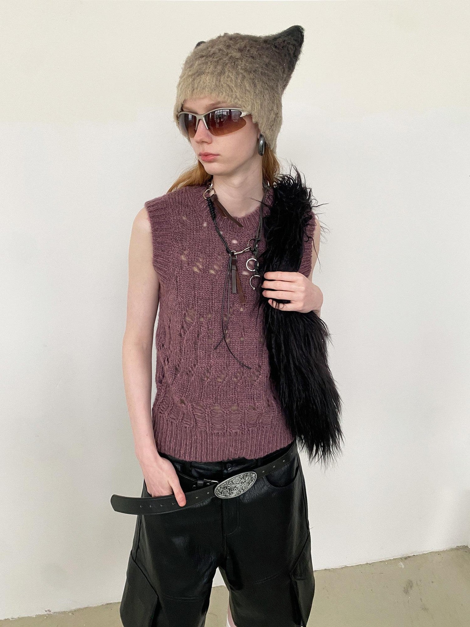 Delivery Heather Purple Openwork Cable Crew Neck Women&